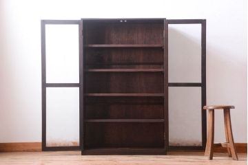 レトロ家具　薄型!レトロガラスがおしゃれなアンティーク本箱(収納棚)