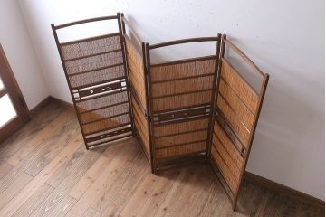 古民具・骨董　古い木味の四連屏風衝立て(パーテーション)(3)