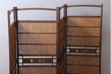 古民具・骨董　古い木味の四連屏風衝立て(パーテーション)(3)