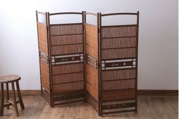 古民具・骨董　古い木味の四連屏風衝立て(パーテーション)(3)