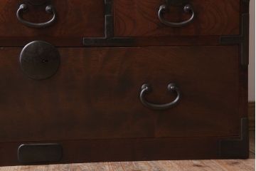 アンティーク家具　前面欅・側面栗材　大正期　結霜ガラス入りアンティークローボード(収納棚)