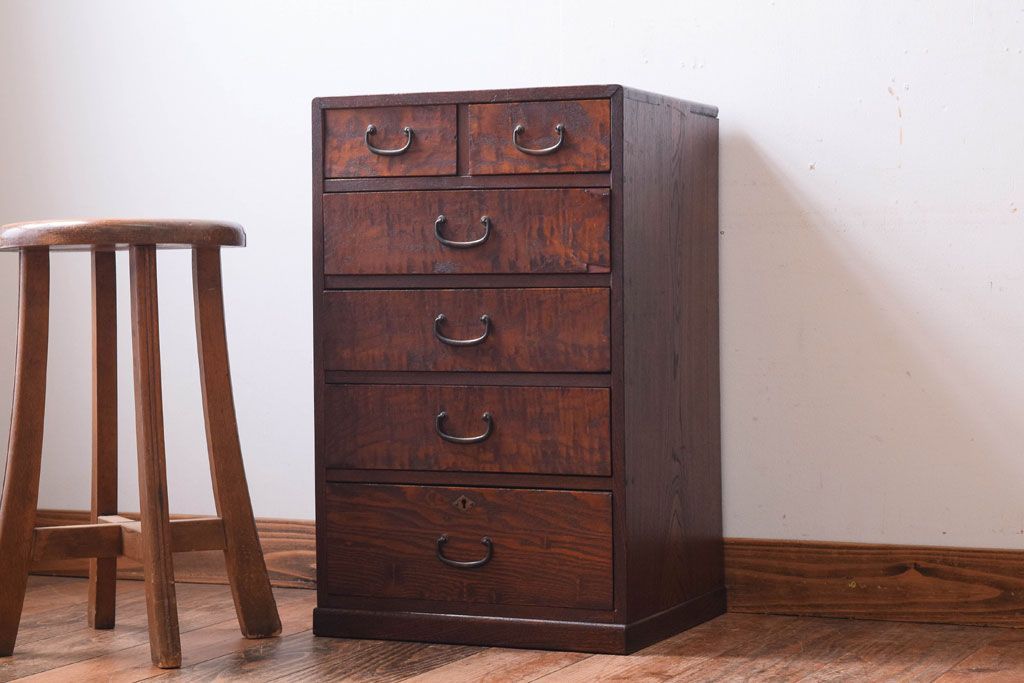 レトロ家具　昭和レトロ　古い木製のアンティーク6杯小引き出し(2)