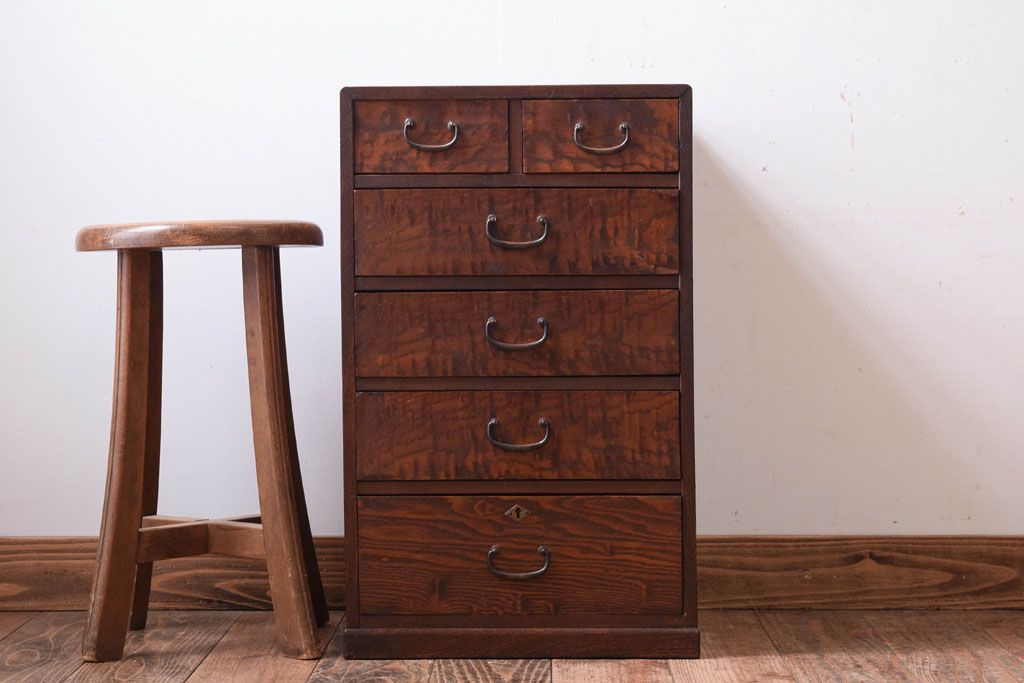 レトロ家具　昭和レトロ　古い木製のアンティーク6杯小引き出し(2)