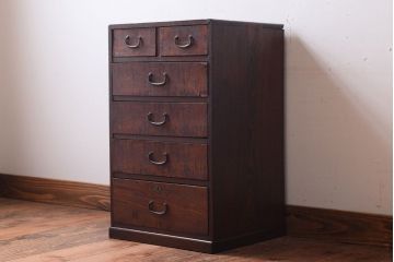 レトロ家具　昭和レトロ　古い木製のアンティーク6杯小引き出し(2)