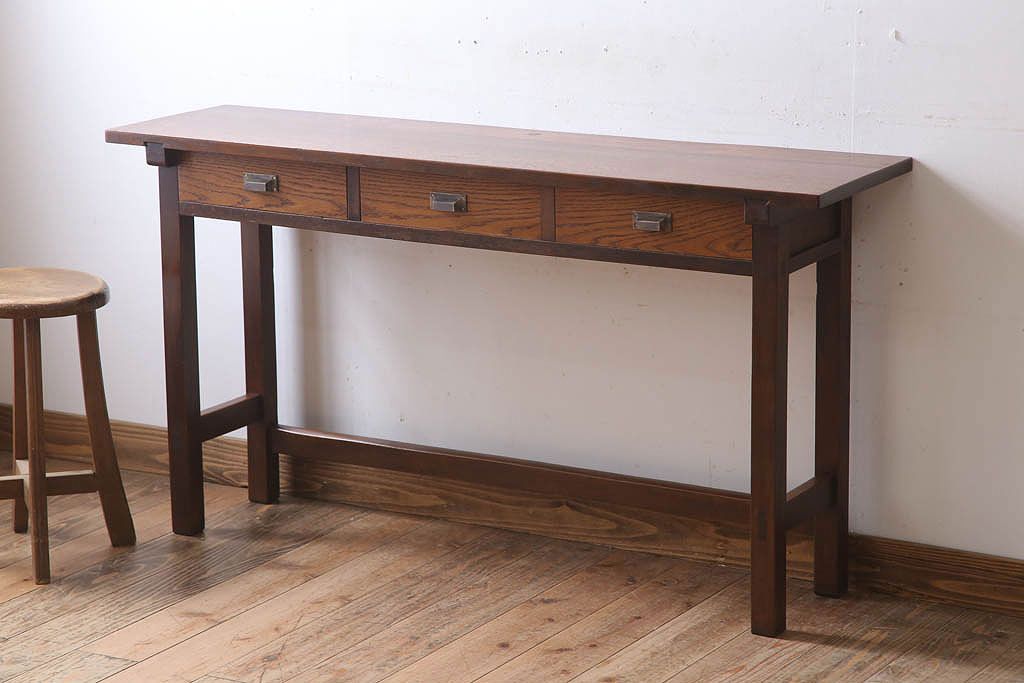 レトロ家具　昭和レトロ　古い木のシンプルな平机(デスク・作業台)(3)