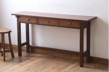 レトロ家具　昭和レトロ　古い木のシンプルな平机(デスク・作業台)(3)