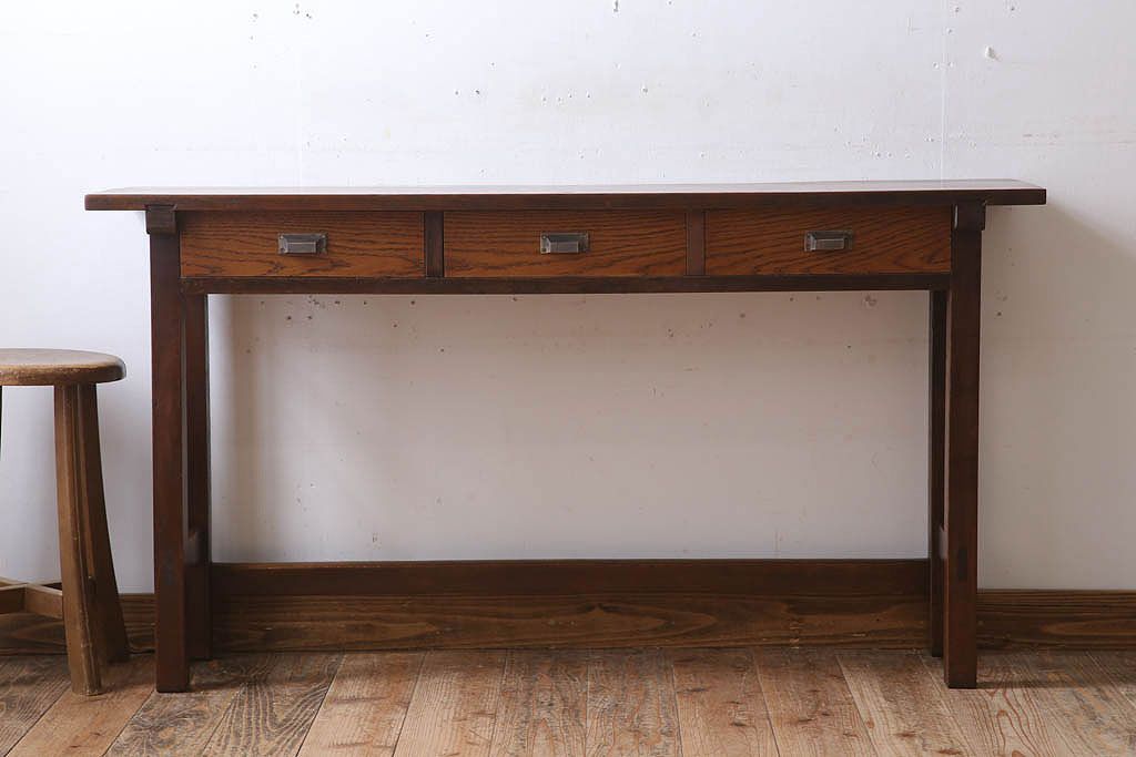 レトロ家具　昭和レトロ　古い木のシンプルな平机(デスク・作業台)(3)