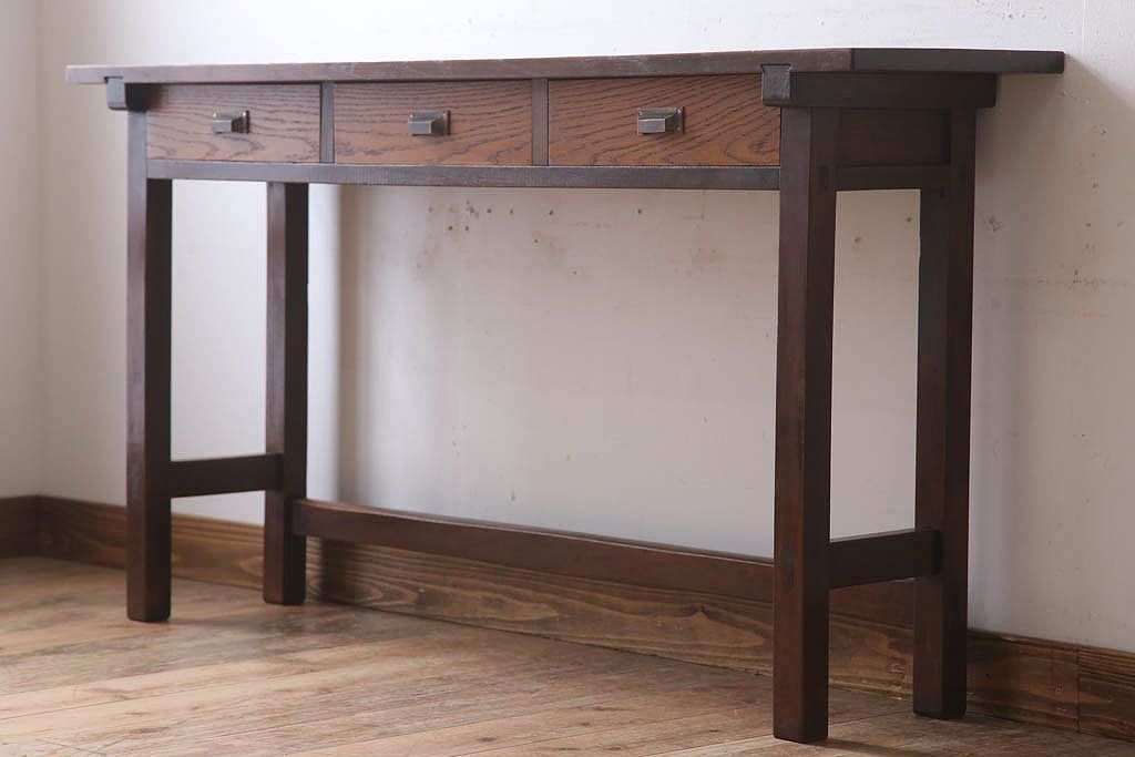 レトロ家具　昭和レトロ　古い木のシンプルな平机(デスク・作業台)(3)