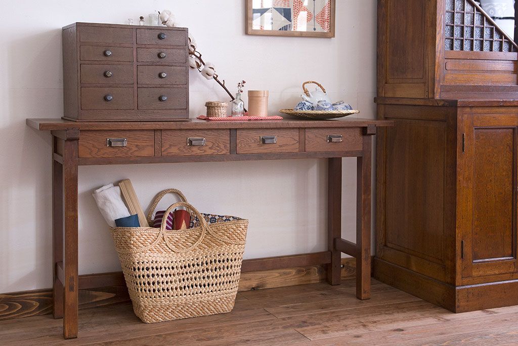 レトロ家具　昭和レトロ　古い木のシンプルな平机(デスク・作業台)(1)