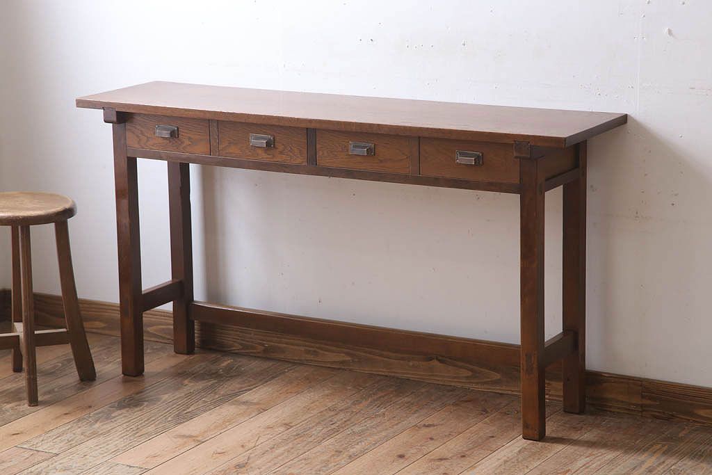 レトロ家具　昭和レトロ　古い木のシンプルな平机(デスク・作業台)(1)