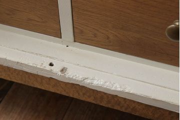 アンティーク家具　脚付き!モールガラス扉のアンティーク縦型収納棚