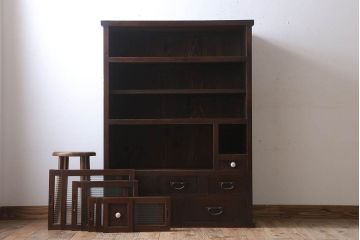 アンティーク家具　和製アンティーク　前面欅材のモールガラス引き戸収納棚