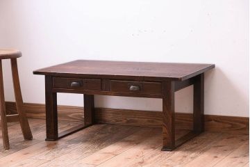 レトロ家具　古い木製のレトロでシンプルなアンティーク文机(1)