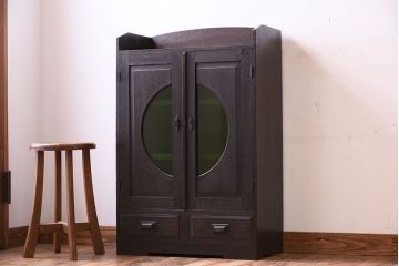 アンティーク家具　人気の色ガラス入り!小振りな古い木製のアンティーク本箱