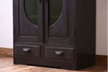 アンティーク家具　人気の色ガラス入り!小振りな古い木製のアンティーク本箱