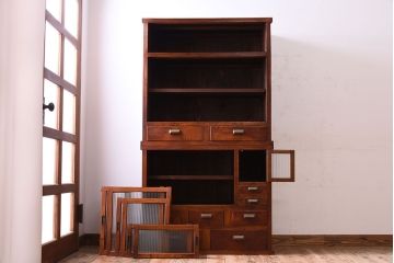 アンティーク家具　和製アンティーク　前面欅材!モールガラス引き戸の重ね食器棚(収納棚)