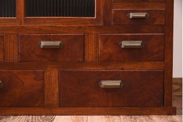 アンティーク家具　和製アンティーク　前面欅材!モールガラス引き戸の重ね食器棚(収納棚)