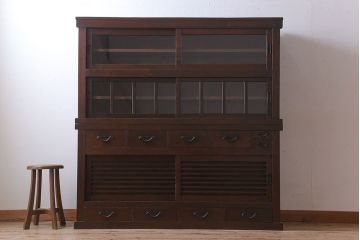 アンティーク家具　古民具・骨董　岐阜産 ガラス仕上げ引き戸!二段重ねアンティーク五尺水屋箪笥(収納棚)