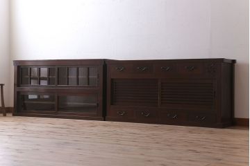 アンティーク家具　古民具・骨董　岐阜産 ガラス仕上げ引き戸!二段重ねアンティーク五尺水屋箪笥(収納棚)