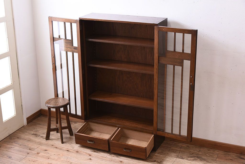 レトロ家具　和製アンティーク　レトロモダンな大ぶり本箱(ブックケース)