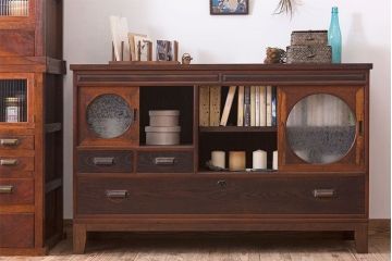 アンティーク家具　大正昭和期　アンティーク　脚付き!丸窓がお洒落な木製ローボード