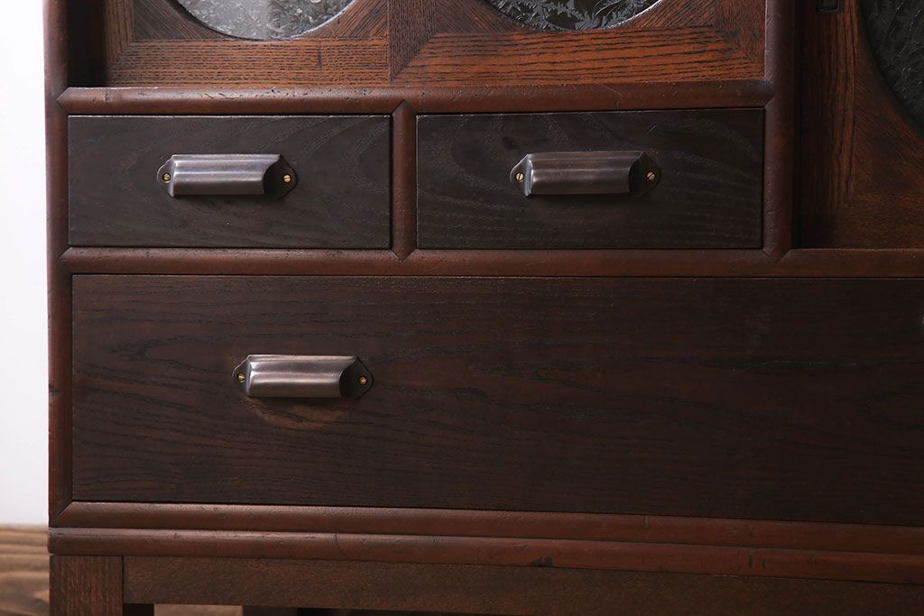 アンティーク家具　大正昭和期　アンティーク　脚付き!丸窓がお洒落な木製ローボード