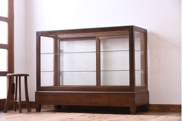 レトロ家具　昭和レトロ　古い木製のシンプルな脚付きガラスケース(ショーケース)(3)