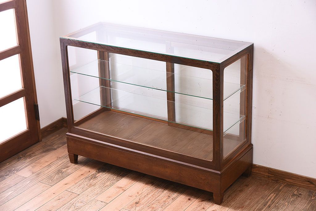 レトロ家具　昭和レトロ　古い木製のシンプルな脚付きガラスケース(ショーケース)(3)