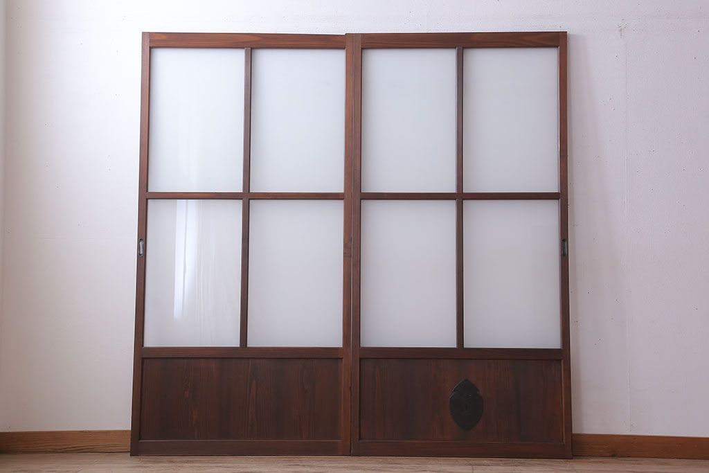 大正期　金具付き!上質なすりガラス戸2枚セット