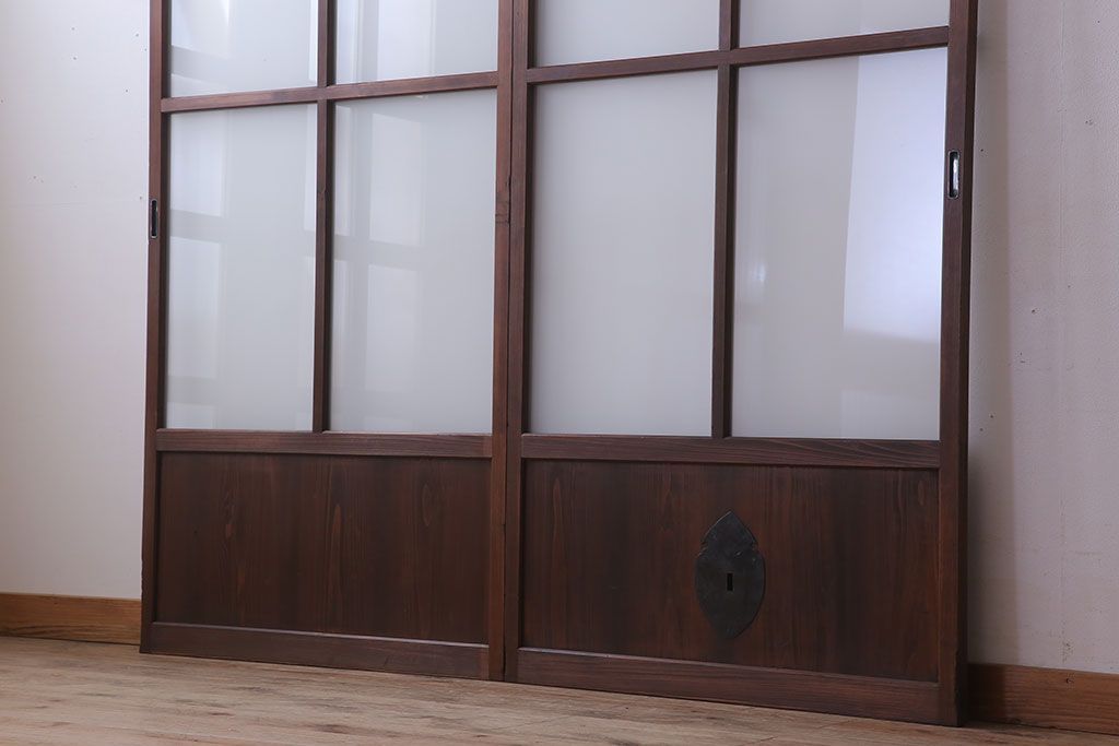 大正期　金具付き!上質なすりガラス戸2枚セット
