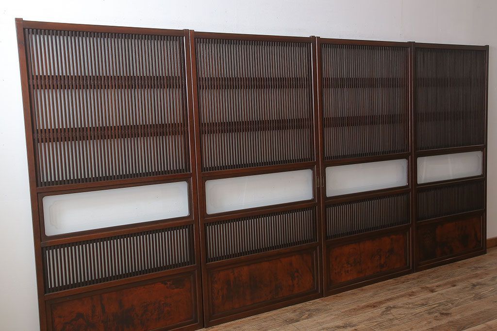 古民具・骨董　裏ガラス付き!ガラス帯のアンティーク格子戸4枚セット