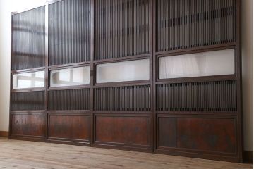 古民具・骨董　裏ガラス付き!ガラス帯のアンティーク格子戸4枚セット