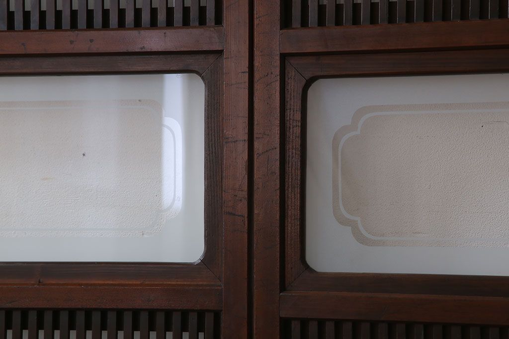 古民具・骨董　裏ガラス付き!ガラス帯のアンティーク格子戸4枚セット