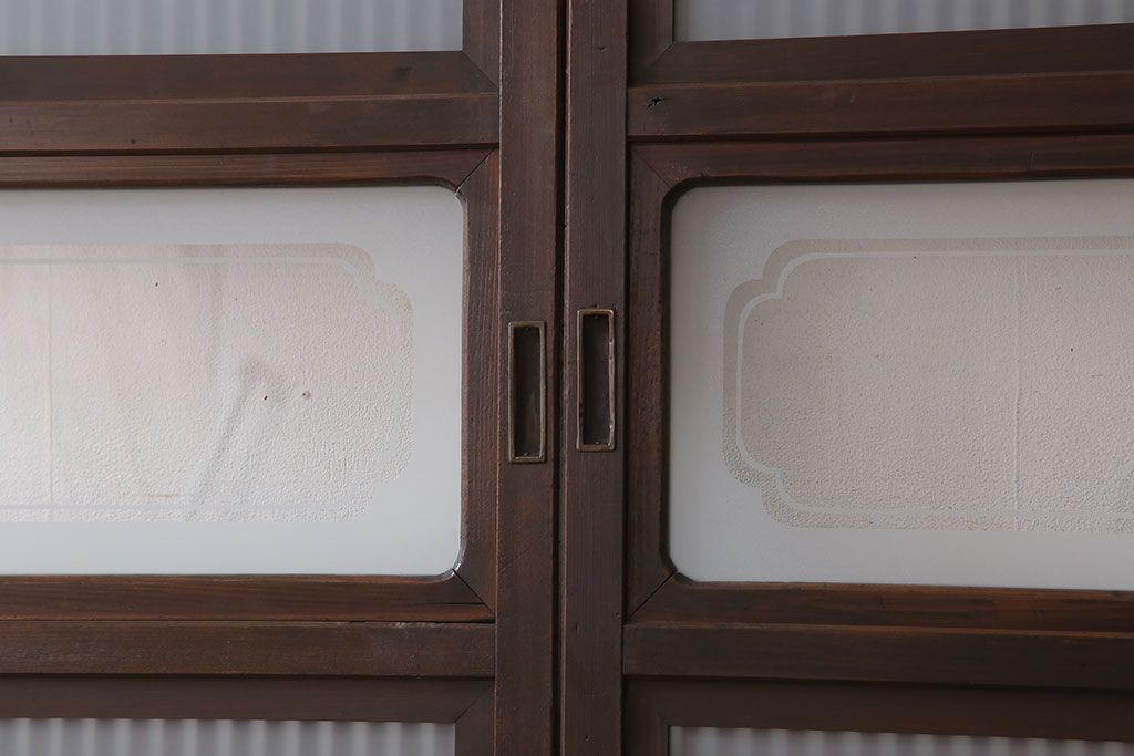 古民具・骨董　裏ガラス付き!ガラス帯のアンティーク格子戸4枚セット