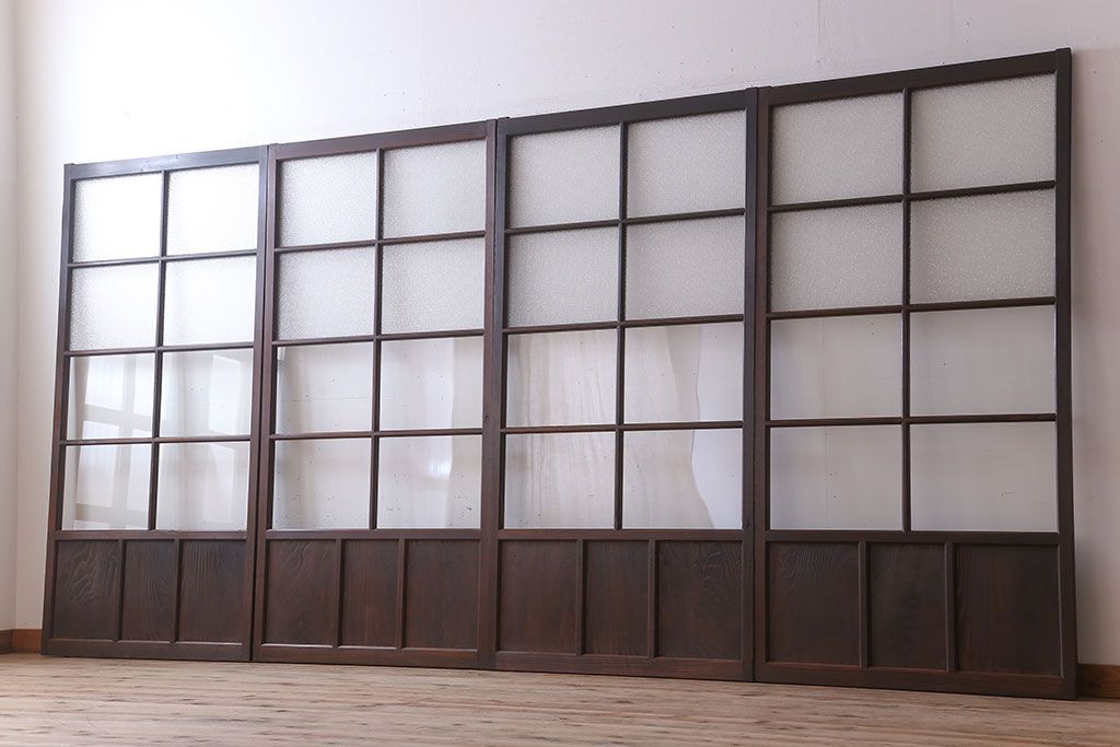 和製アンティーク　レトロな古い木のガラス戸4枚セット