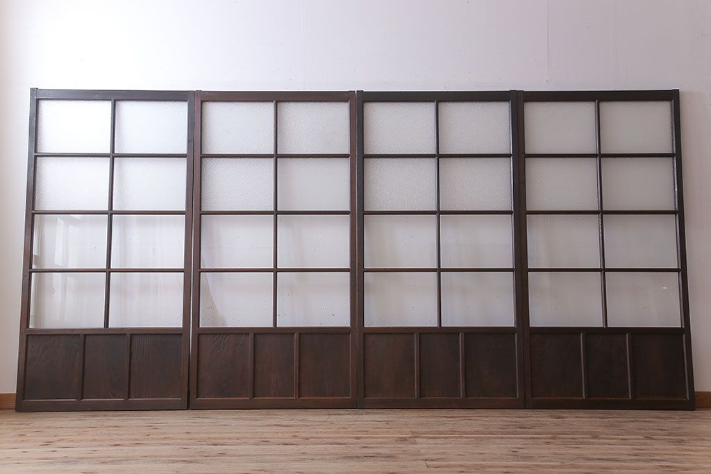 和製アンティーク　レトロな古い木のガラス戸4枚セット