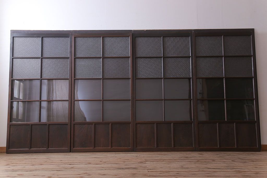 和製アンティーク　レトロな古い木のガラス戸4枚セット