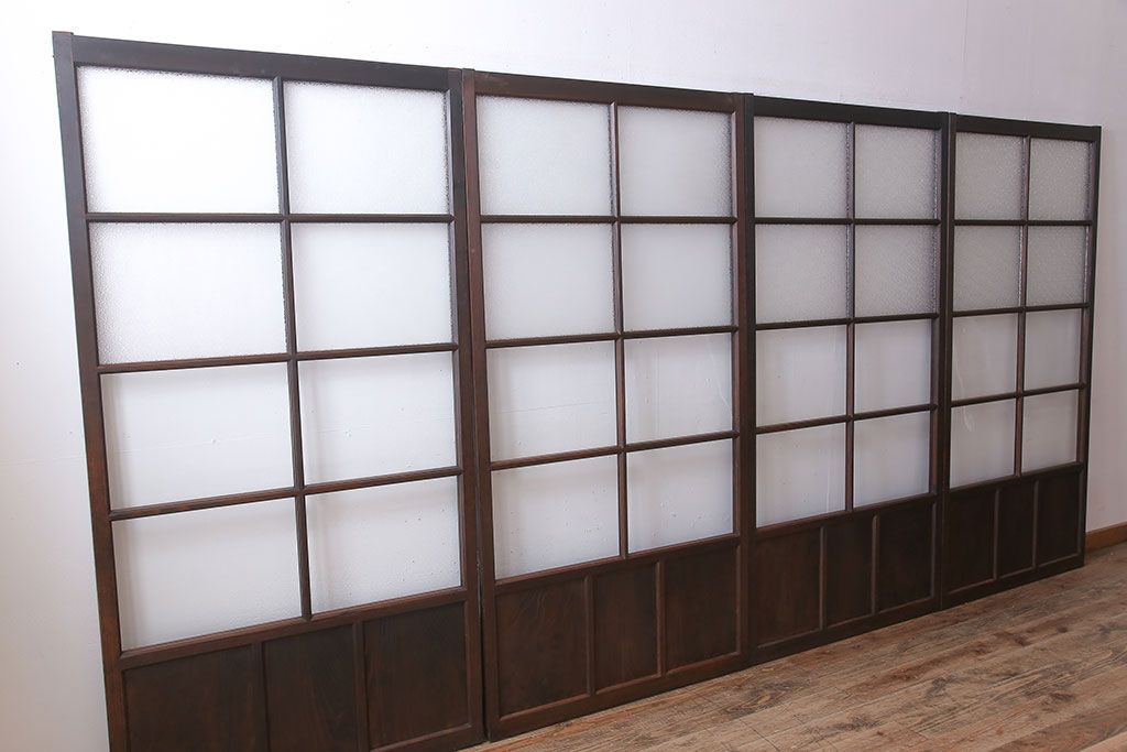 和製アンティーク　レトロな古い木のガラス戸4枚セット