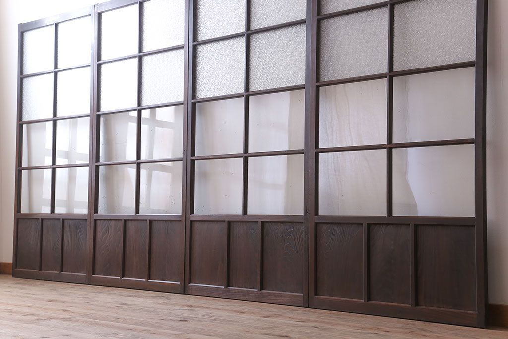 和製アンティーク　レトロな古い木のガラス戸4枚セット