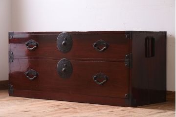 アンティーク家具　前面栗材!桜丸金具の時代箪笥ローボード(米沢箪笥・衣装箪笥)(2)