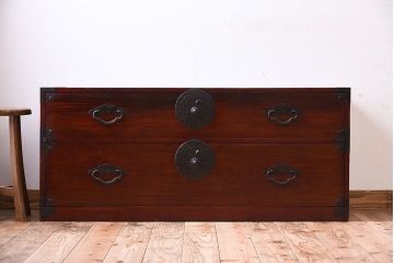 アンティーク家具　前面栗材!桜丸金具の時代箪笥ローボード(米沢箪笥・衣装箪笥)(2)