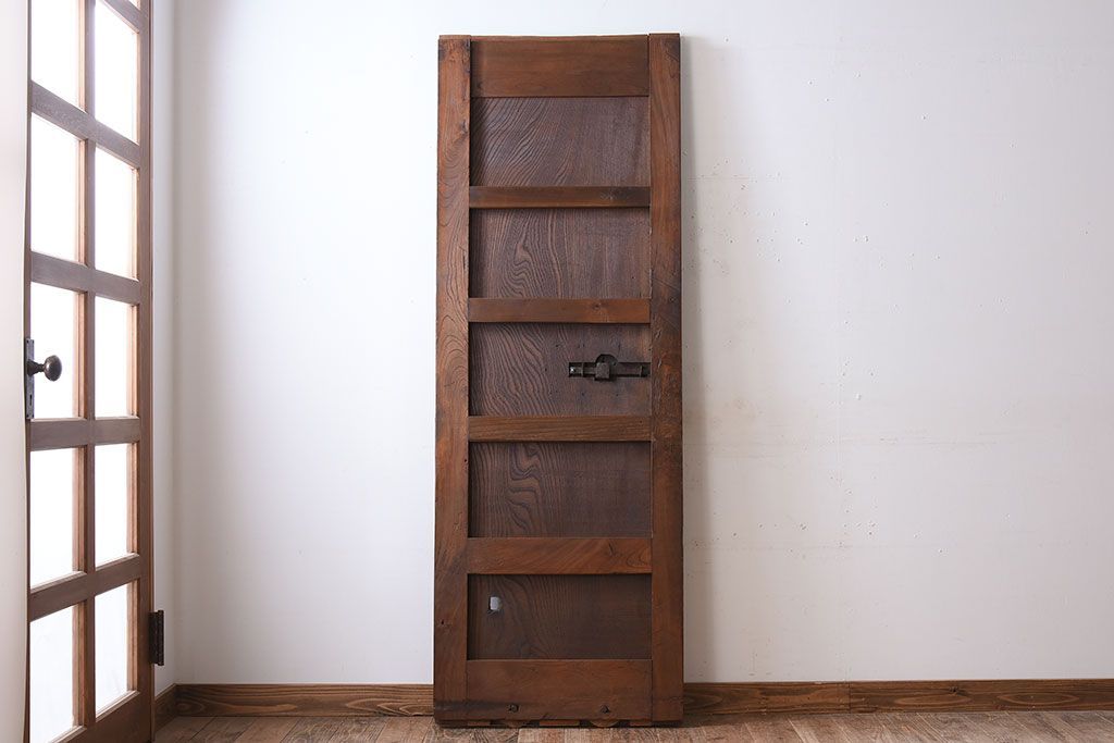 明治大正期　総欅材!鏡板一枚板のアンティーク幅狭蔵戸(玄関戸)