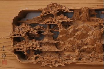 在名　古民具・骨董　近江八景　古い杉材製彫刻欄間一対