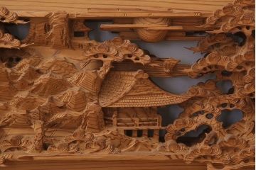 在名　古民具・骨董　近江八景　古い杉材製彫刻欄間一対
