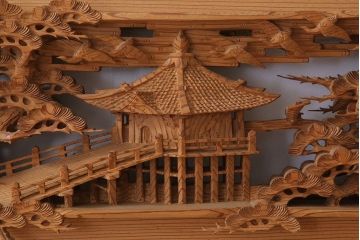 在名　古民具・骨董　近江八景　古い杉材製彫刻欄間一対