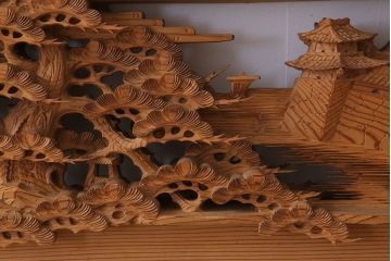 在名　古民具・骨董　近江八景　古い杉材製彫刻欄間一対
