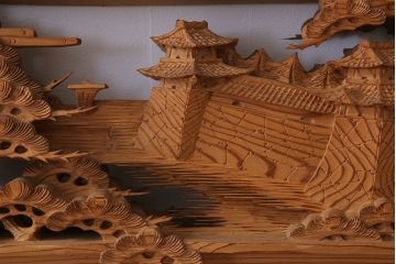 在名　古民具・骨董　近江八景　古い杉材製彫刻欄間一対