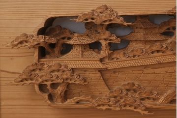 在名　古民具・骨董　近江八景　古い杉材製彫刻欄間一対