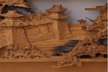 在名　古民具・骨董　近江八景　古い杉材製彫刻欄間一対