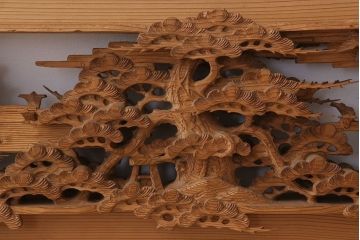 在名　古民具・骨董　近江八景　古い杉材製彫刻欄間一対